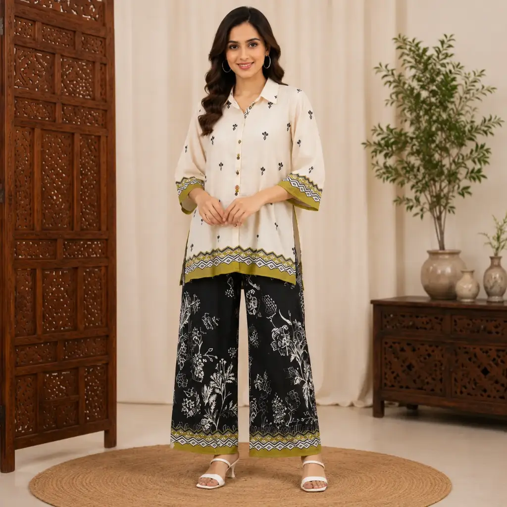 Women's Cream Printed Shirt with Black Floral Palazzo Pants Co-Ord Set