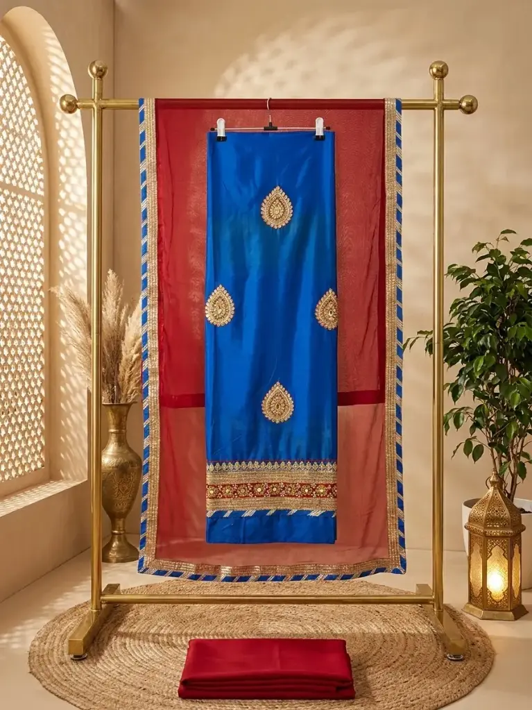 Royal Blue and Crimson Red Silk Unstitched Dress Material