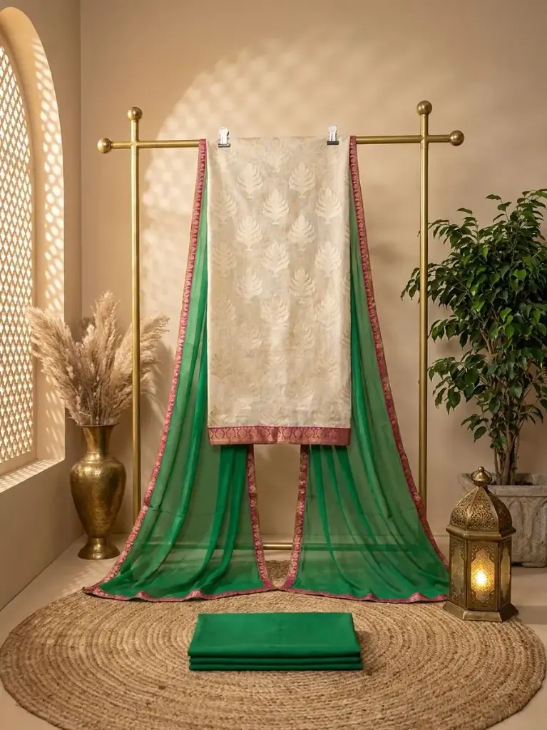 Cream and Emerald Green Jacquard Woven Unstitched Dress Material