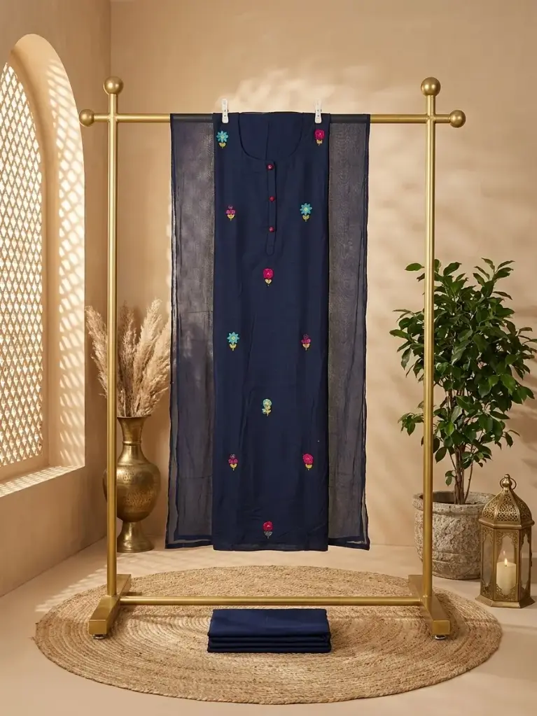 Midnight Navy Embroidered Silk Unstitched Dress Material Suit Set