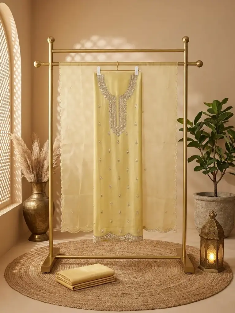 Lemon Yellow Silk Unstitched Suit with Zardozi Work