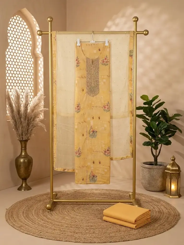 Butter Yellow Embroidered Silk Unstitched Dress Material Set