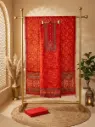Red Bandhani Print Unstitched Chanderi Silk Suit Set