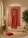 Rust Red Hand-Embroidered Unstitched Silk Suit Material with Banarasi Dupatta