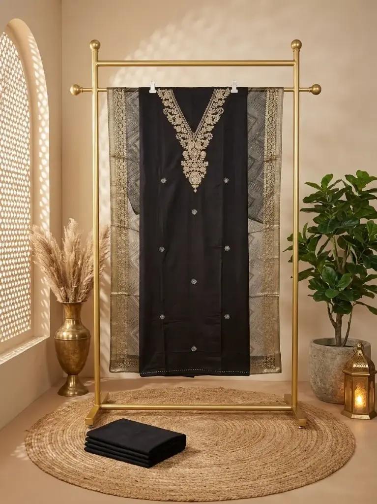 Jet Black Embroidered Silk Blend Unstitched Suit Fabric Set