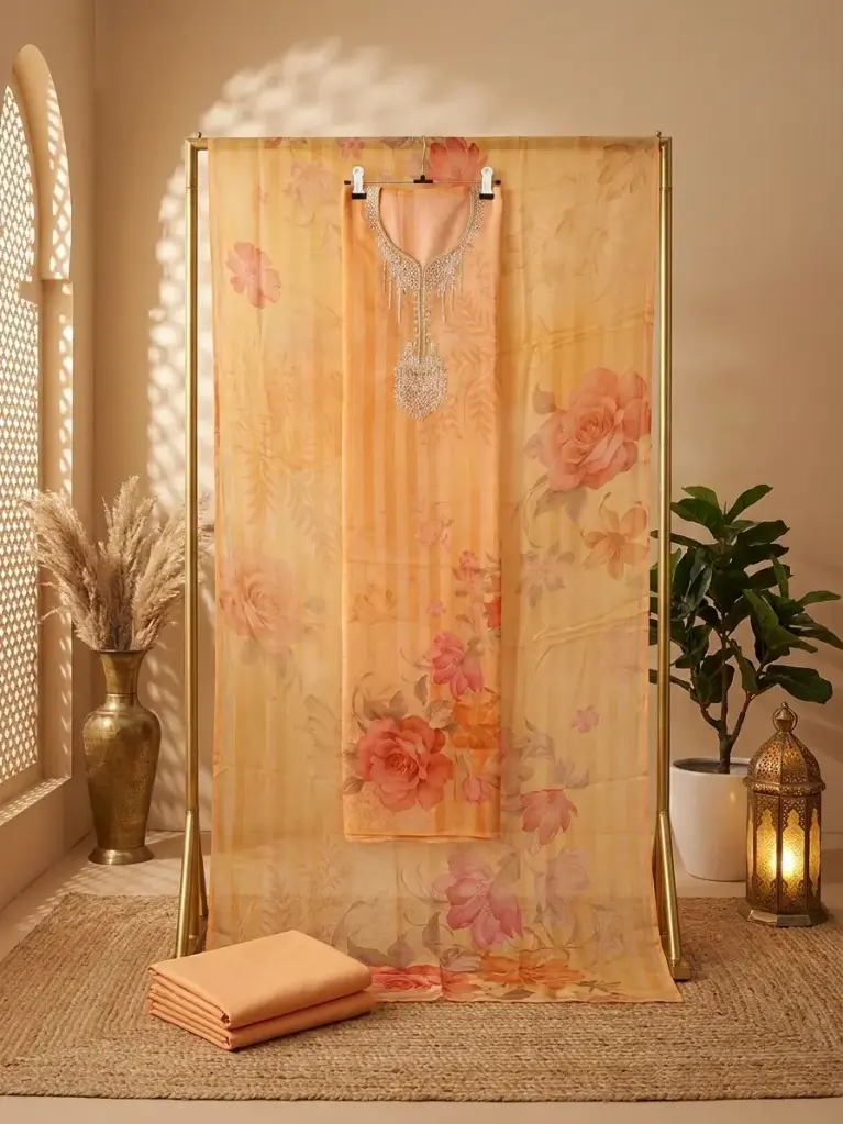 Designer Peach Floral Organza Unstitched Dress Material