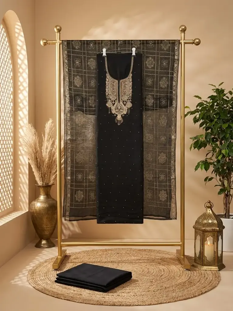 Black Silk Unstitched Suit Material with Embroidered Neckline