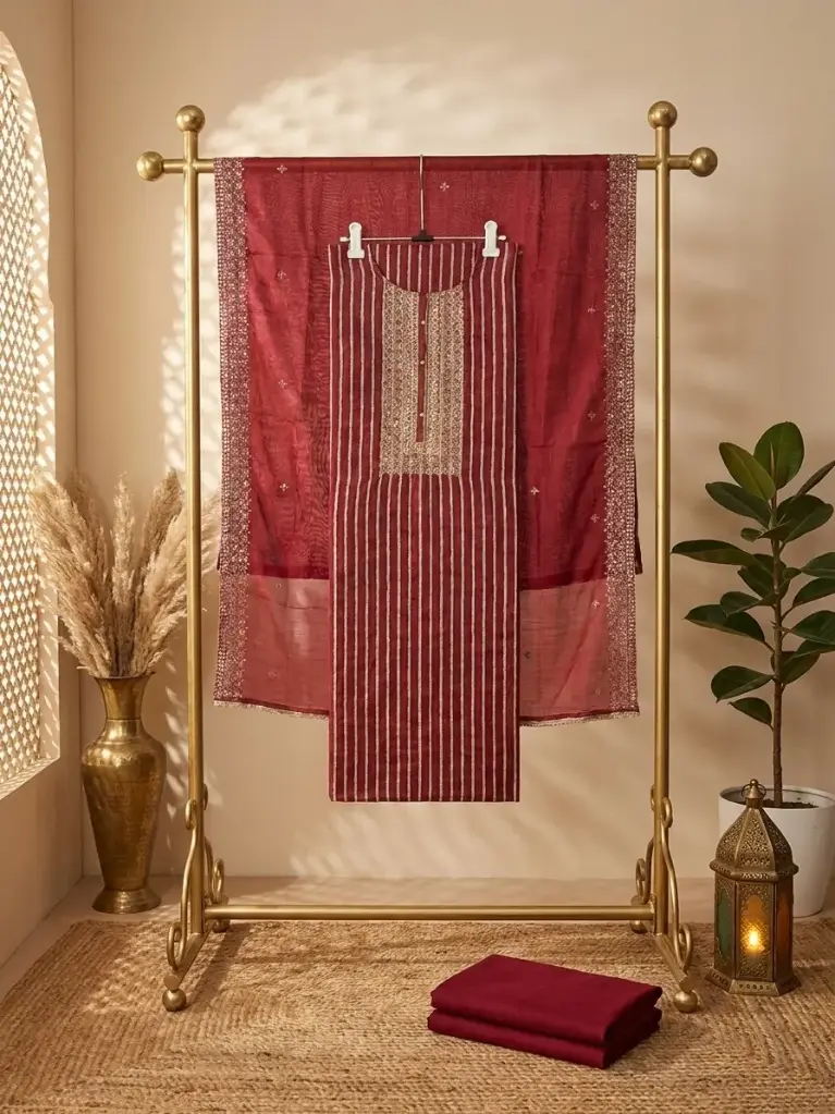 Maroon Striped Chanderi Silk Unstitched Salwar Suit Material