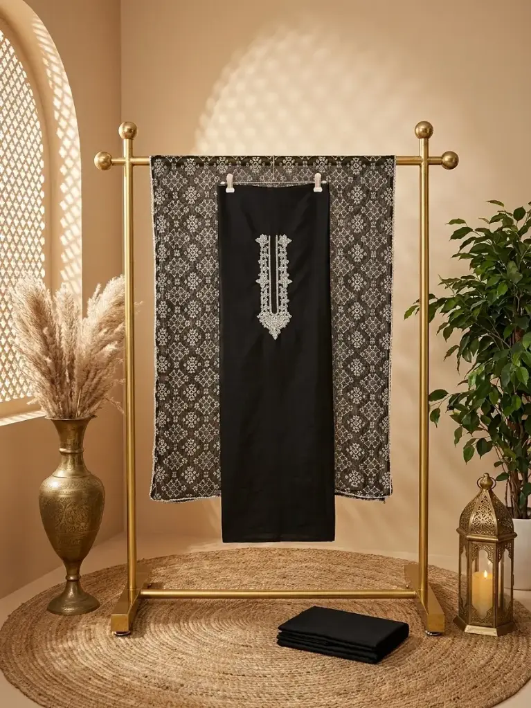 Black Embroidered Silk Unstitched Salwar Suit Dress Material