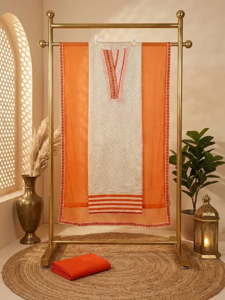 Cream and Tangerine Chanderi Silk Unstitched Salwar Suit Material