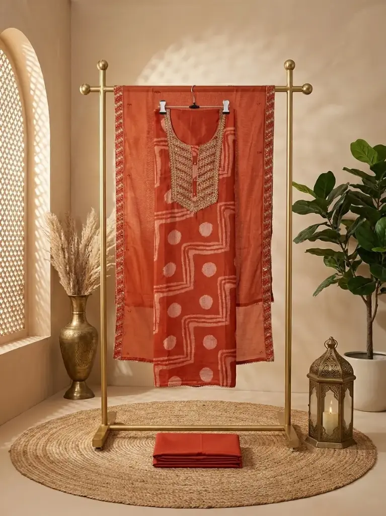Rust Orange Embroidered Silk Blend Unstitched Dress Material