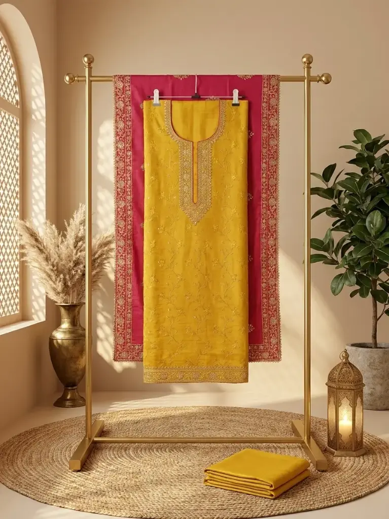 Mustard Yellow n Rani Pink Embroidered Unstitched Suit Set