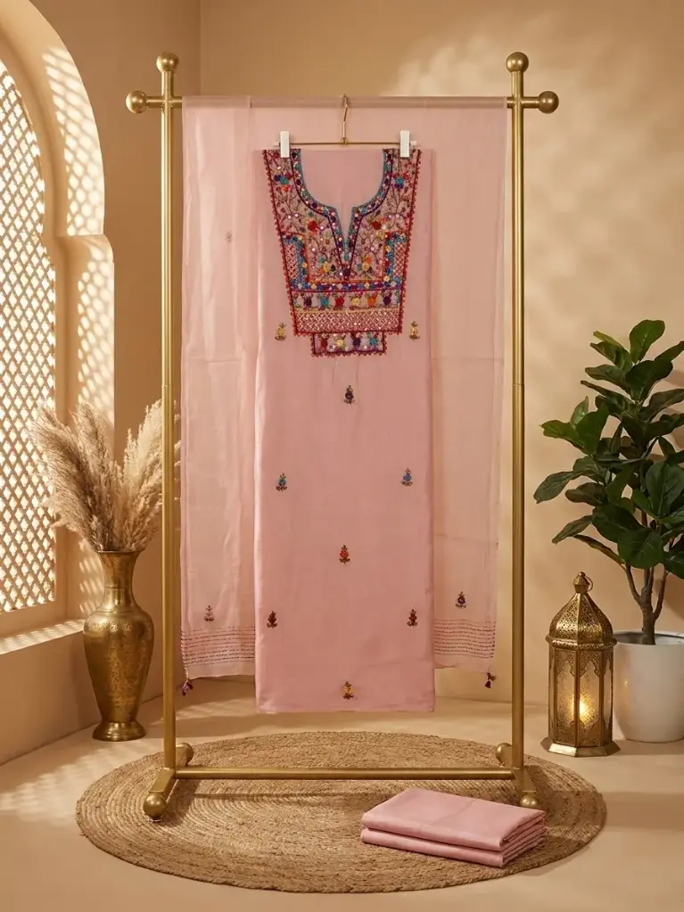 Blush Pink Embroidered Unstitched Chanderi Silk Suit Set