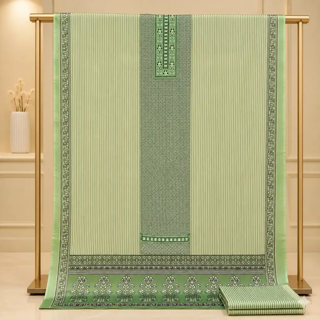 Women's Green Printed Unstitched Dress Material Set with Striped Dupatta & Coordinated Bottom Fabric 