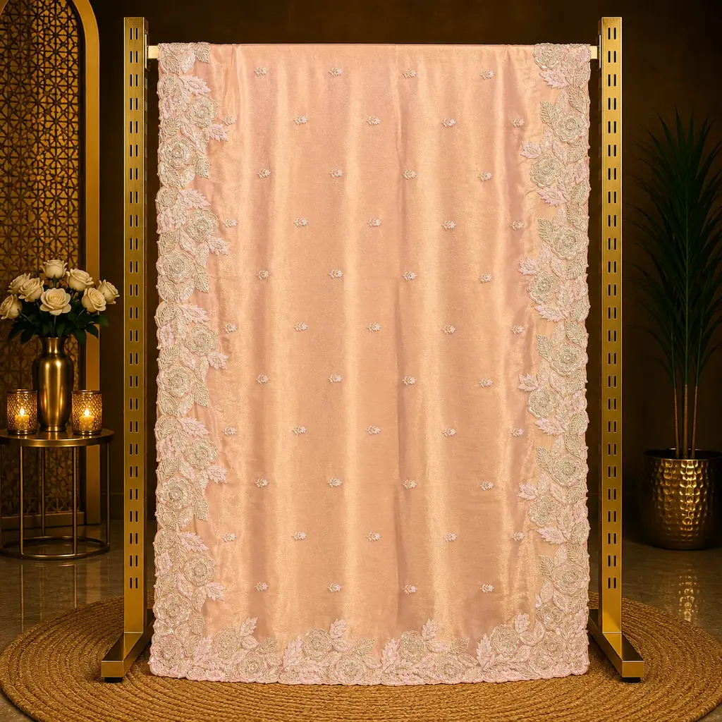 Women's Peach Saree with Floral Embroidery and Scalloped Designer Border