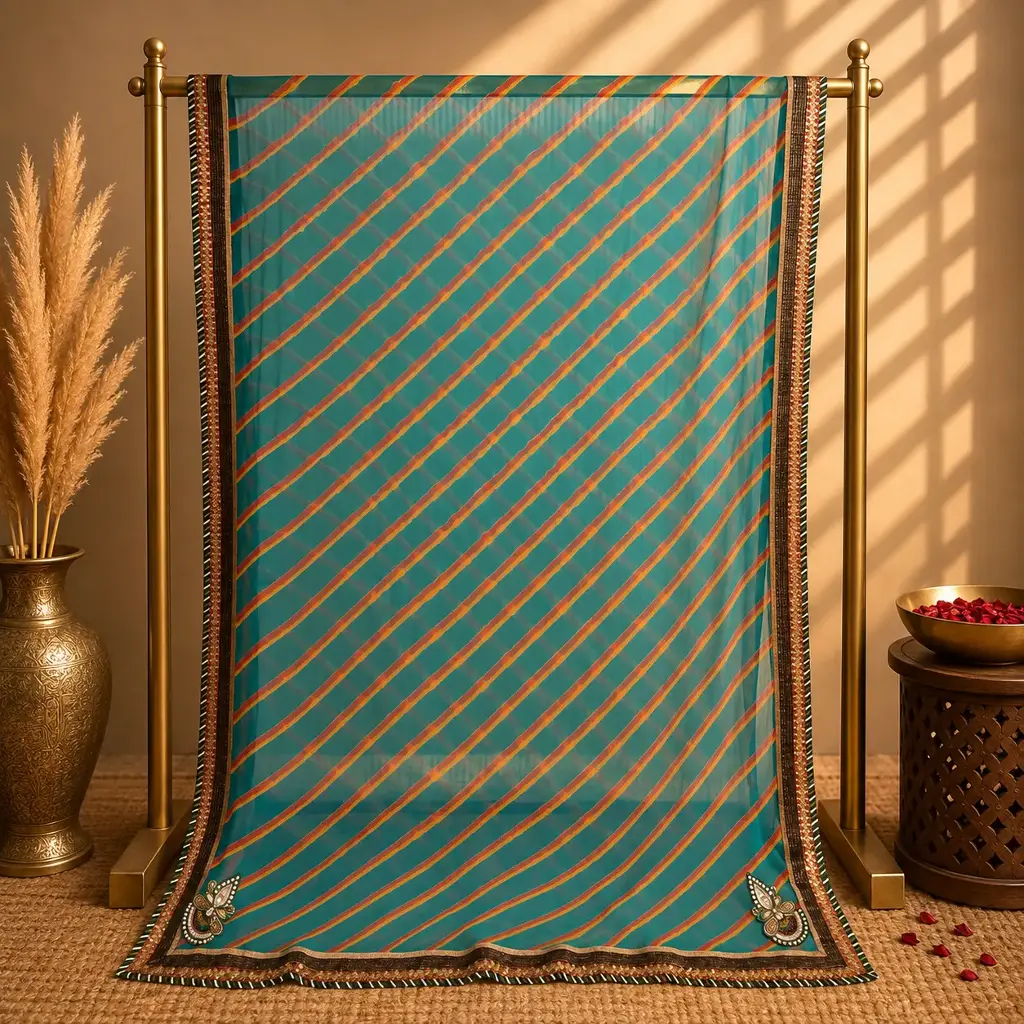Teal Blue Saree with Golden Diagonal Pattern and Floral Border