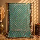 Teal Blue Saree with Golden Diagonal Pattern and Floral Border