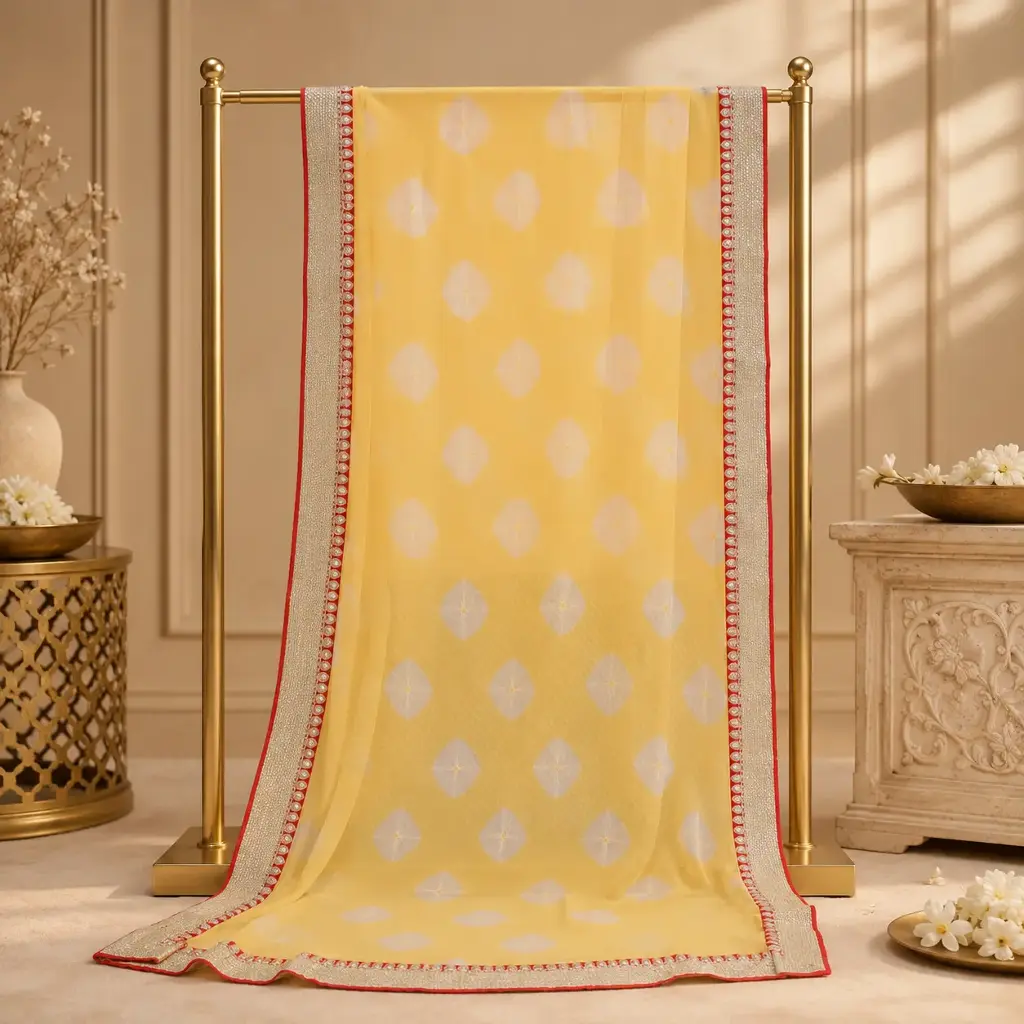 Yellow Bandhani Dupatta with White Diamond Motifs, Silver Embellished Border