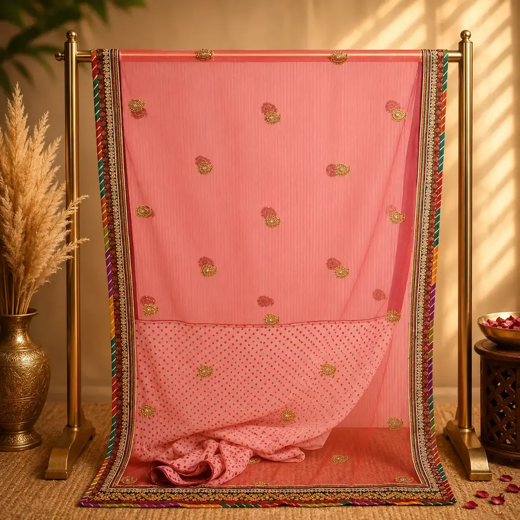 Peach Pink Sheer Saree with Paisley Motifs and Multicolor Border