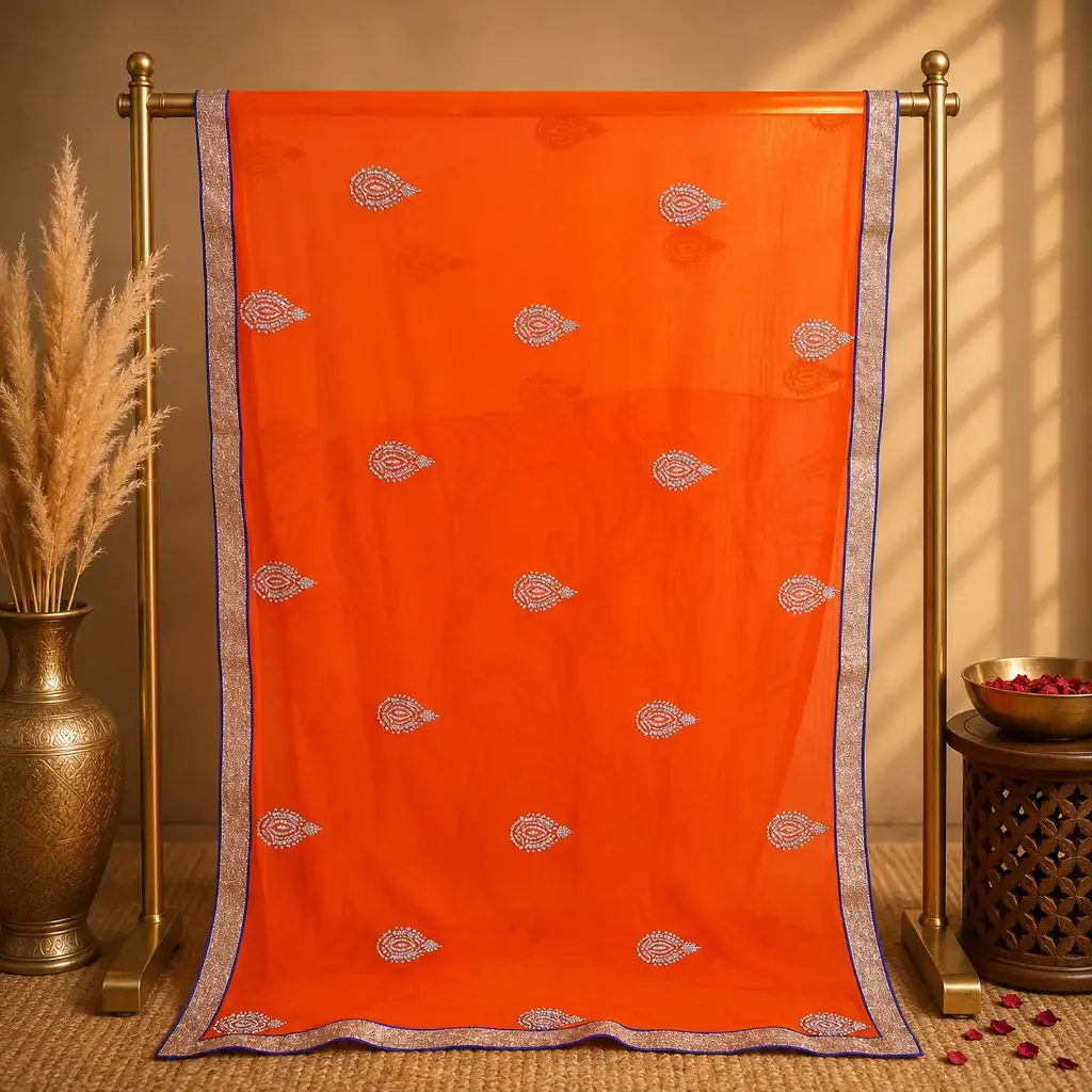 Orange Buti Saree with Delicate Floral Motifs and Elegant Border for Festive Party Wear