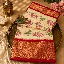 Women's Cream Ikat Saree with Elephant Bird Motifs, Rich Red Zari Border