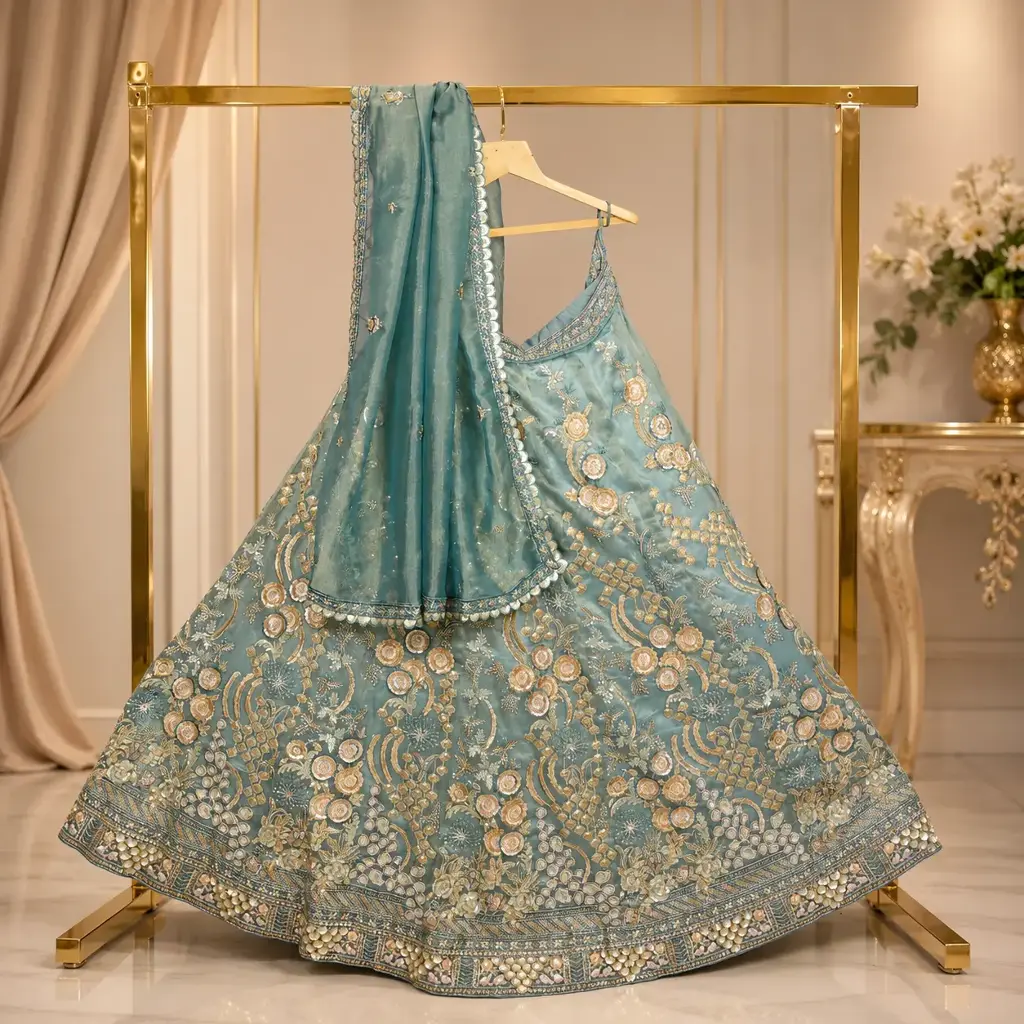Women's Aqua Green Embroidered Lehenga Choli Set with Sequins, Floral Work and Matching Net Dupatta