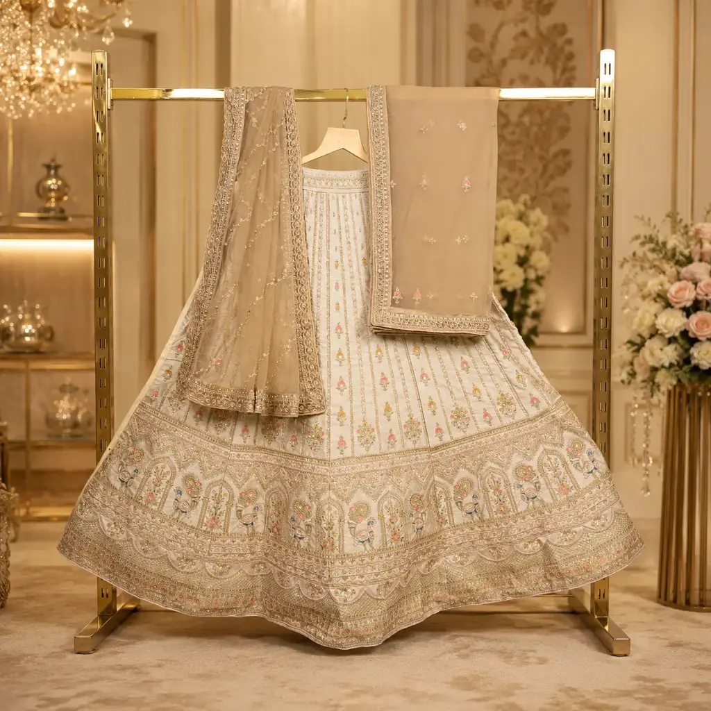 Ivory Embroidered Lehenga Choli with Beige Net Dupatta