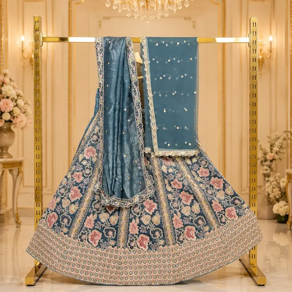 Women's Teal Blue Floral Embroidered Lehenga Choli Set with Sequins and Matching Dupatta for Wedding