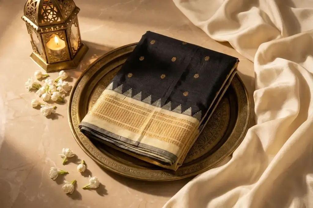 Black Handloom Silk Saree with Temple Zari Border