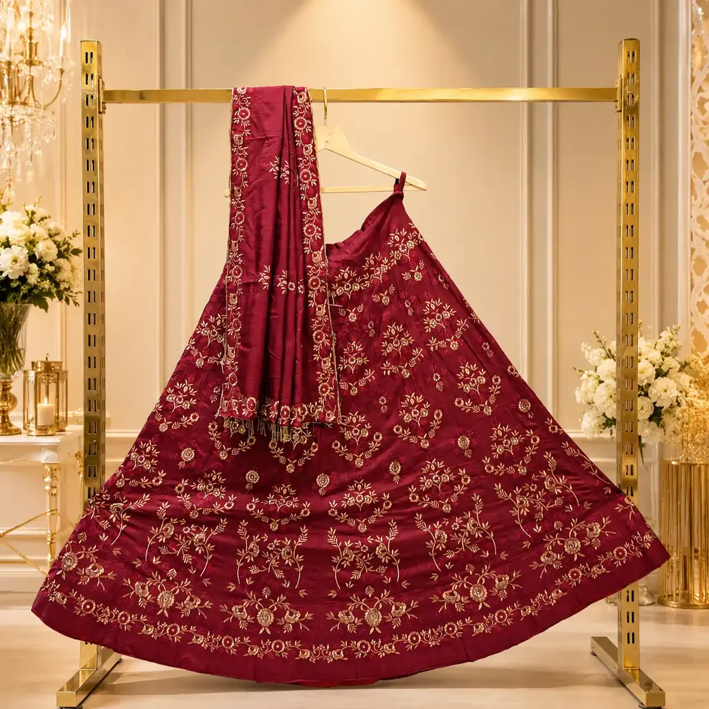 Women's Maroon Lehenga Choli with Gold Floral Embroidery and Matching Dupatta