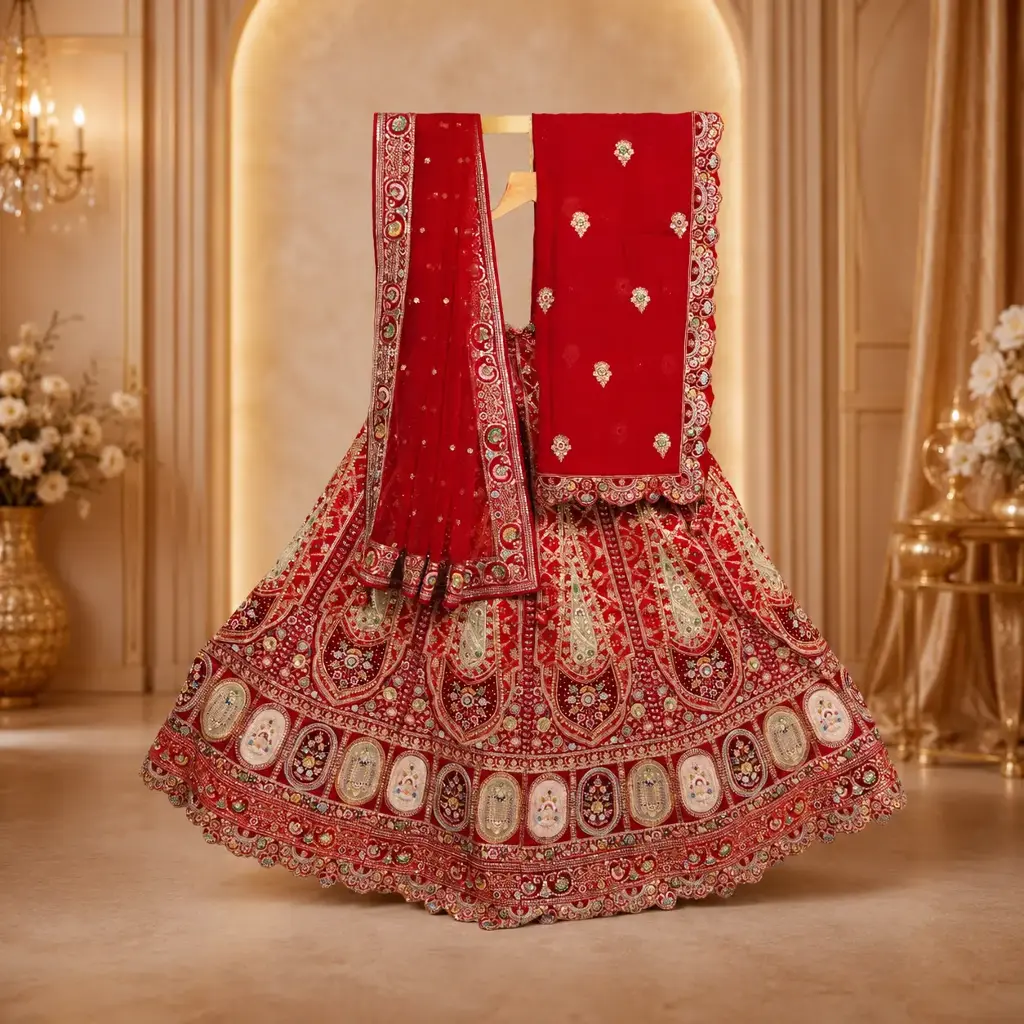Red Bridal Lehenga Choli Set with Heavy Embroidery and Matching Dupatta