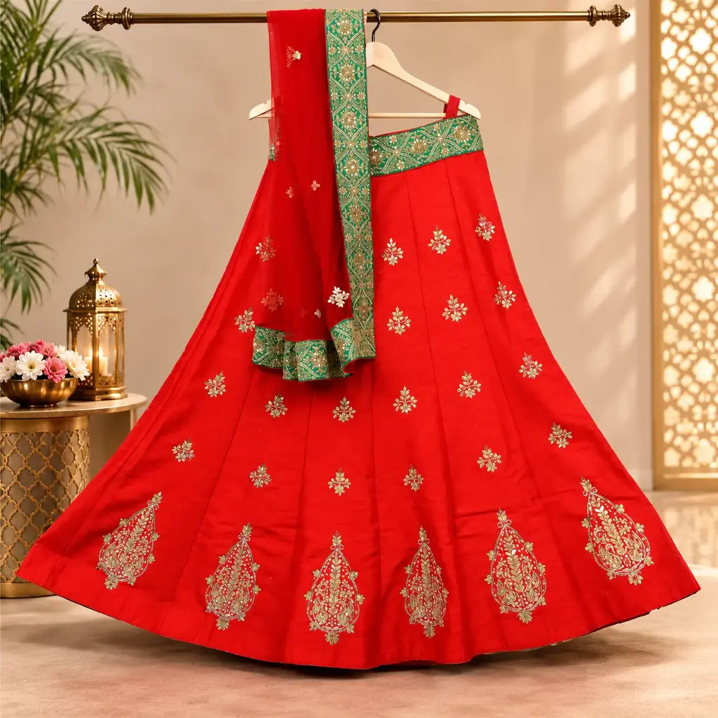 Women's Red Lehenga Choli with Green Border and Matching Dupatta