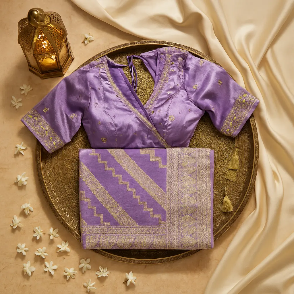 Elegant Lavender Silk Saree with Traditional Zari Border