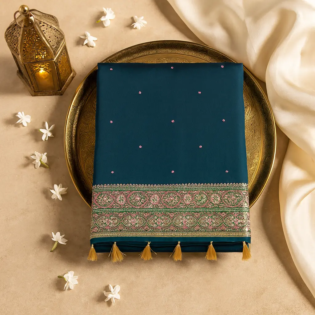 Elegant Teal Designer Saree with Ornate Zari Border