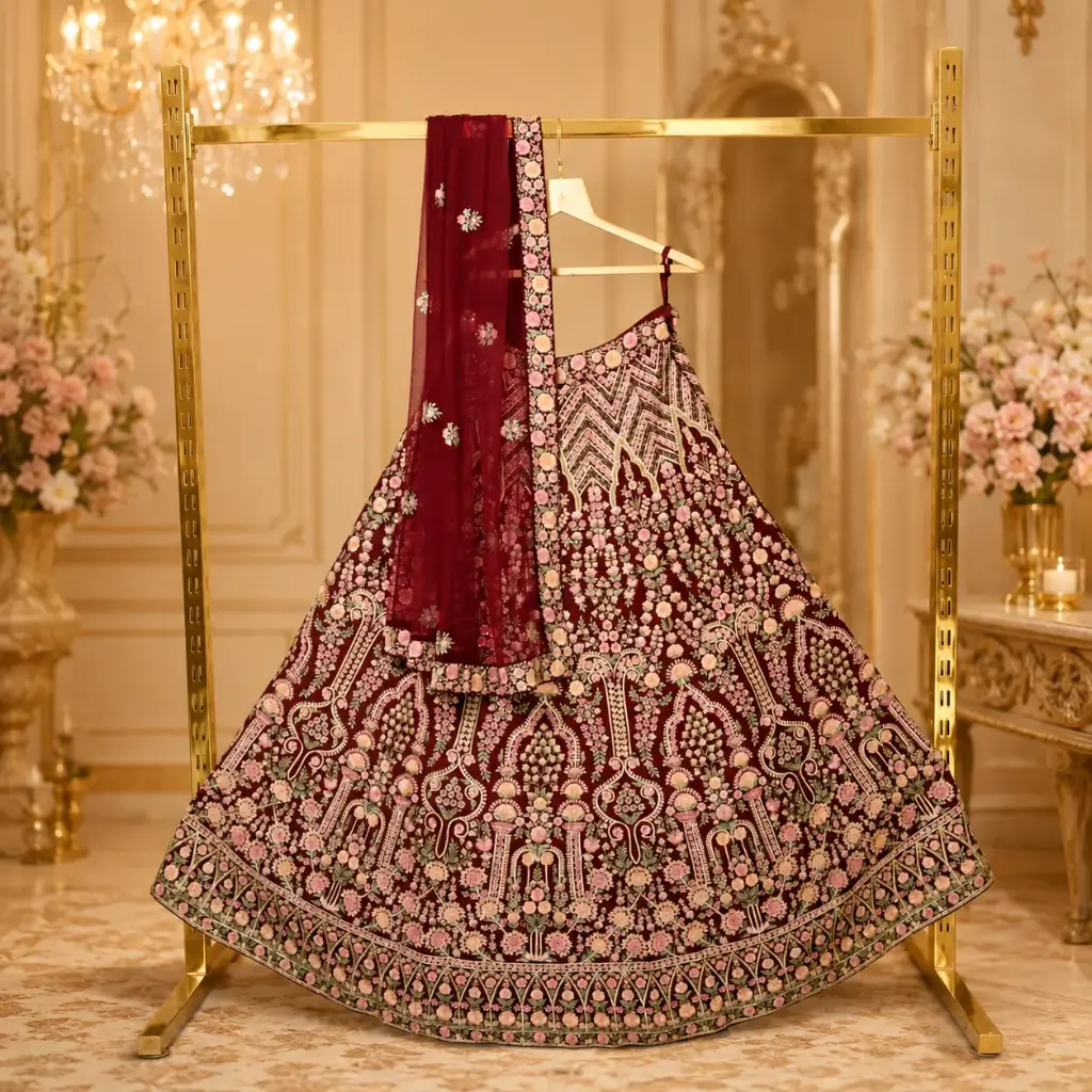 Women's Maroon Bridal Lehenga Choli Set with Floral Embroidery, Sequins and Net Dupatta for Wedding