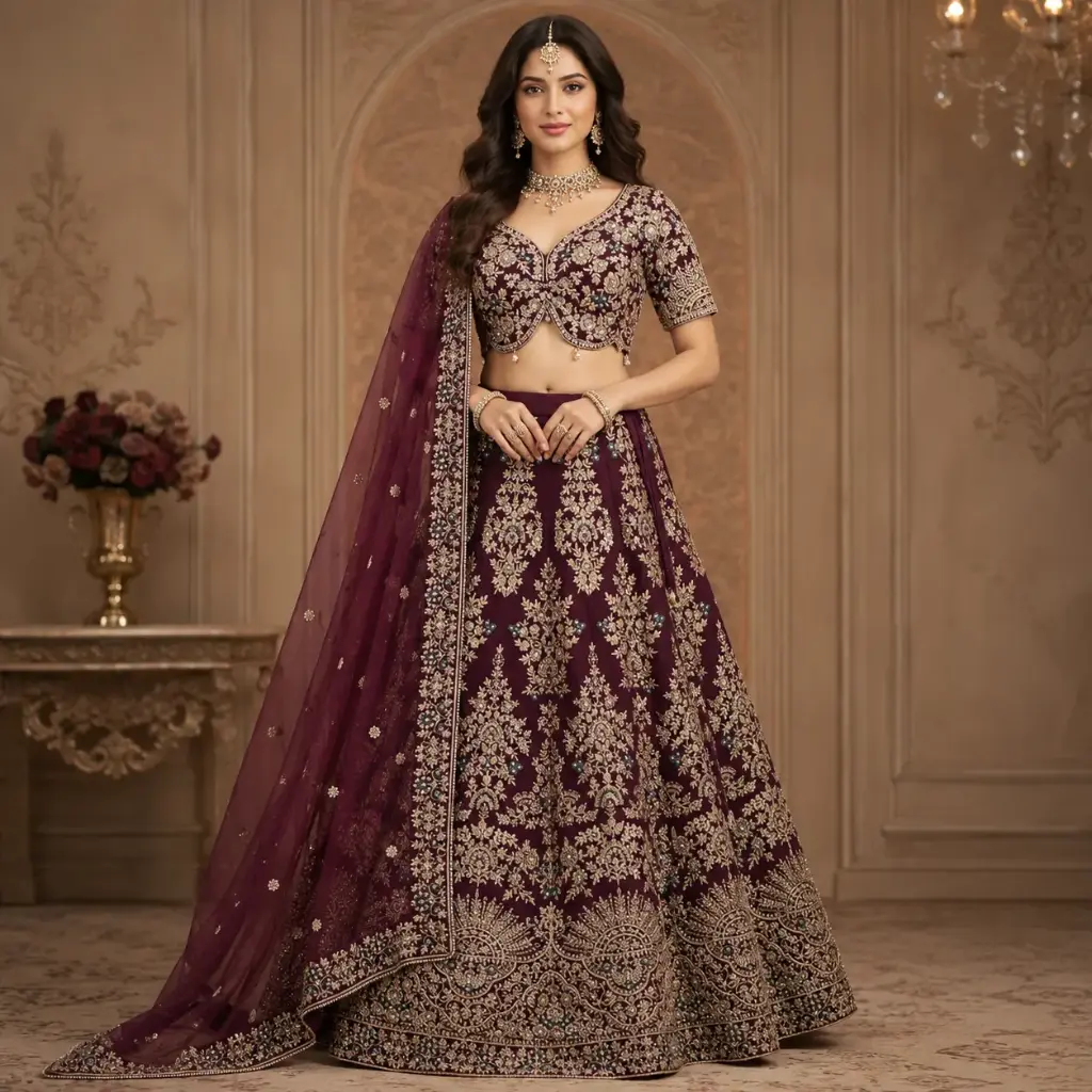 Womens Wine Maroon Embroidered Lehenga Choli with Net Dupatta for Wedding and Festive Party Wear Set