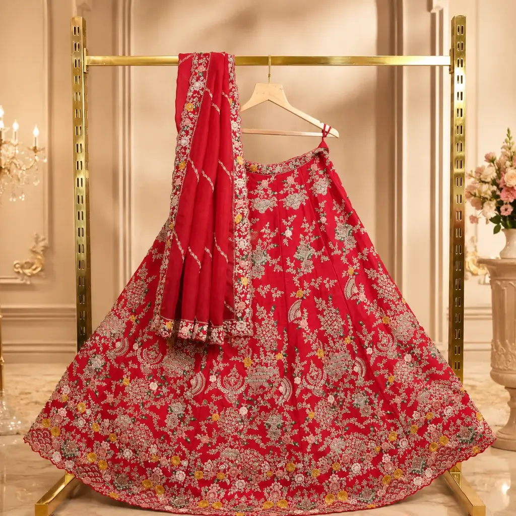 Women's Red Bridal Lehenga Choli Set with Floral Embroidery, Sequins & Matching Dupatta