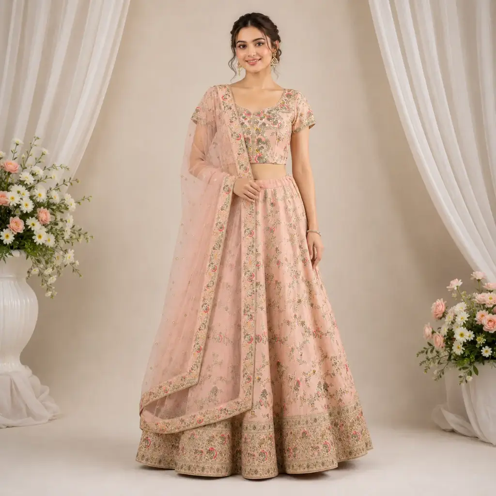 Women's Peach Floral Lehenga Choli with Net Dupatta for Wedding Reception and Festive Party Wear Set