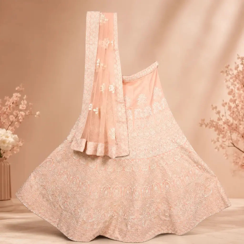 Peach Embroidered Bridal Lehenga Choli Set with Matching Net Dupatta
