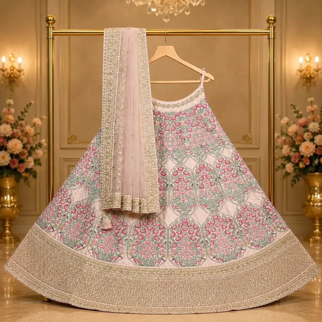 Blush Pink Embroidered Lehenga Choli with Net Dupatta