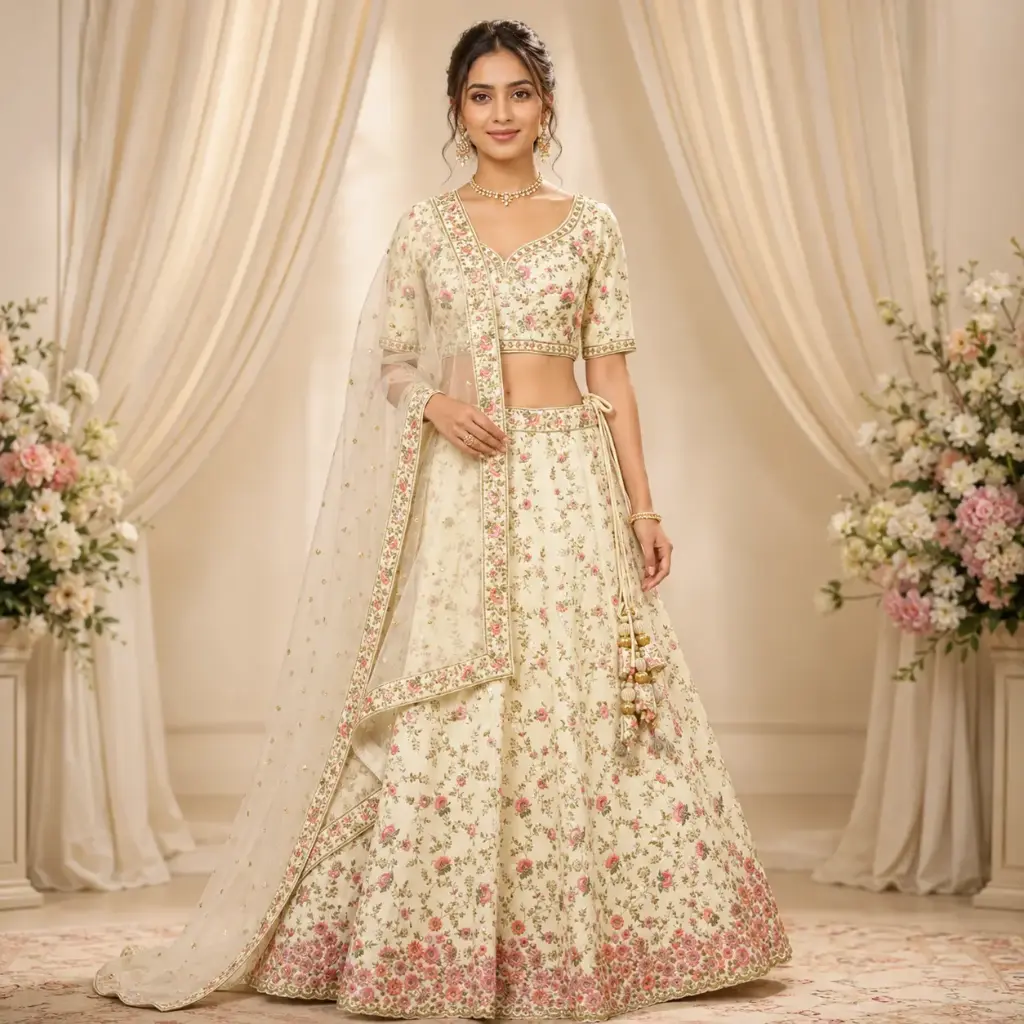 Women's Ivory Floral Lehenga Choli with Net Dupatta for Wedding Reception and Festive Party Wear Set