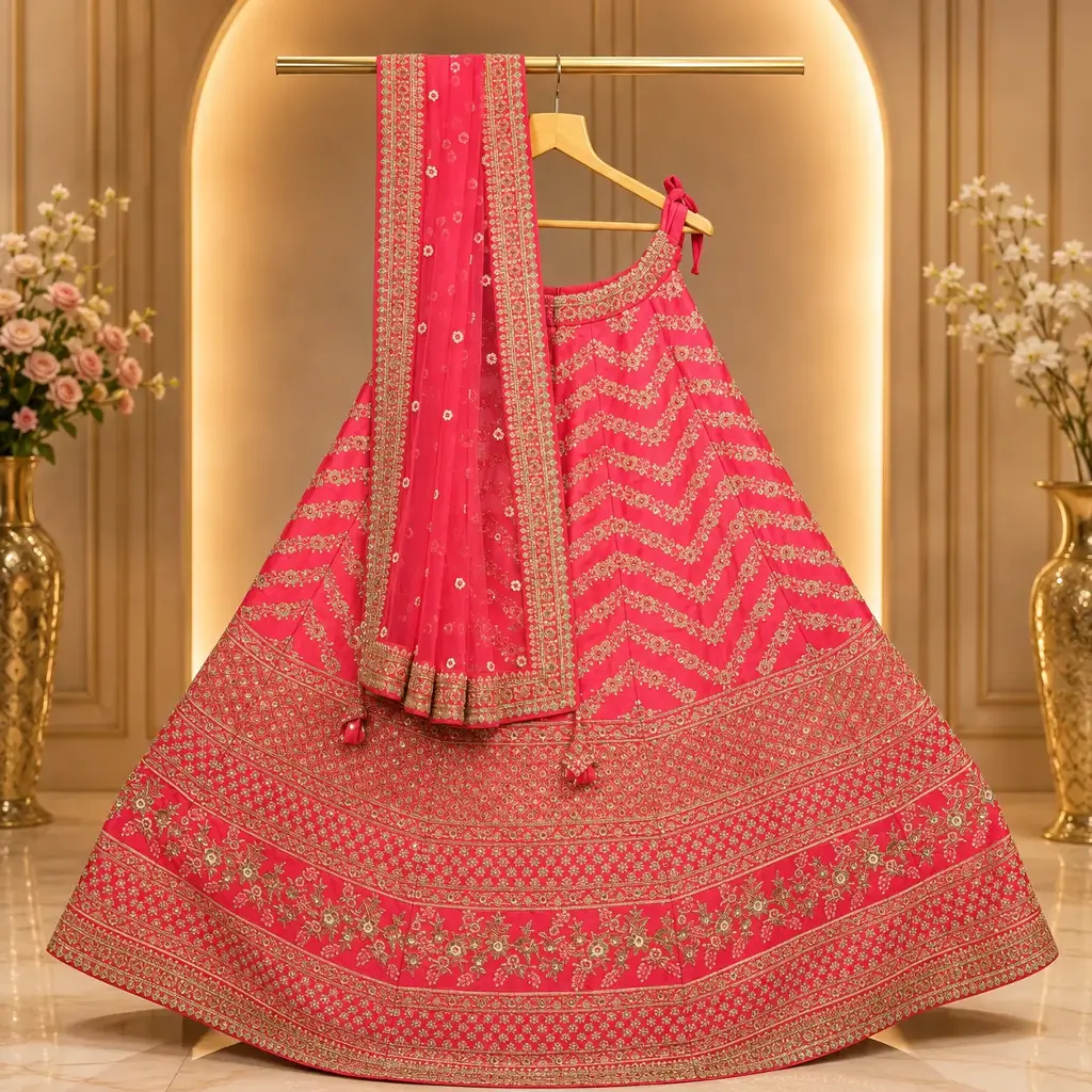 Women's Hot Pink Gold Embroidered Lehenga Choli with Dupatta