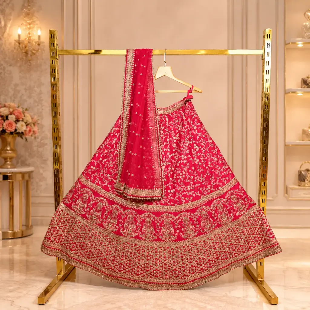 Women's Coral Pink Bridal Lehenga Choli with Gold Floral Embroidery and Matching Dupatta