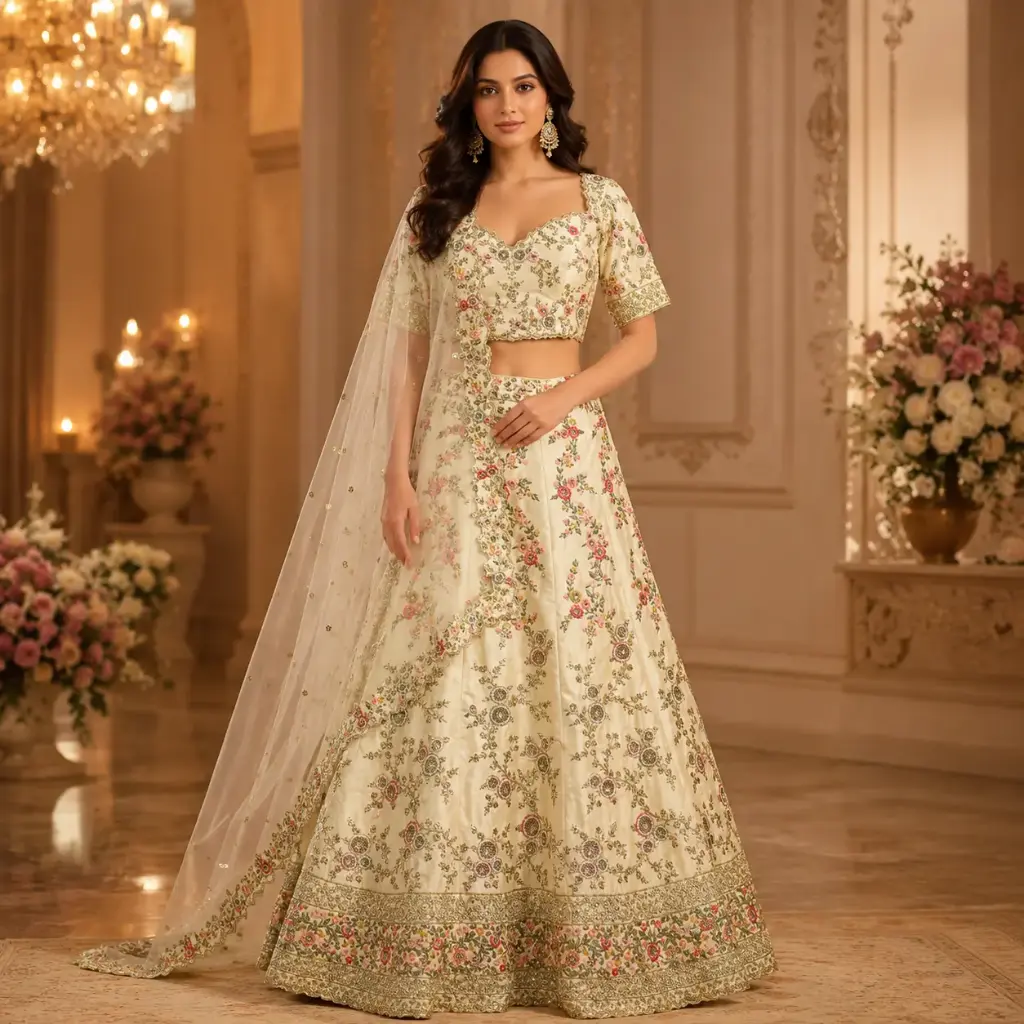 Women's Ivory Floral Embroidered Lehenga Choli with Net Dupatta for Wedding & Festive Party Wear Set