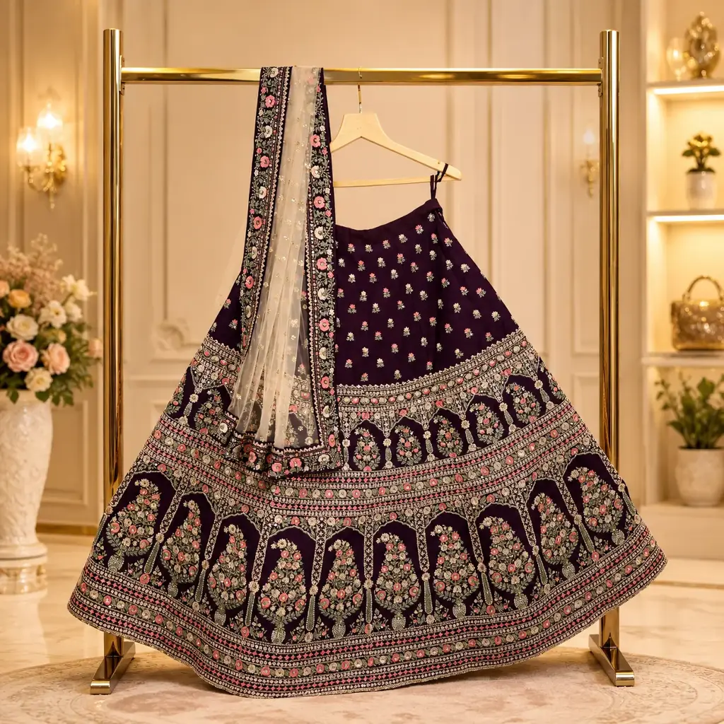 Women's Plum Floral Embroidered Lehenga Choli with Ivory Dupatta