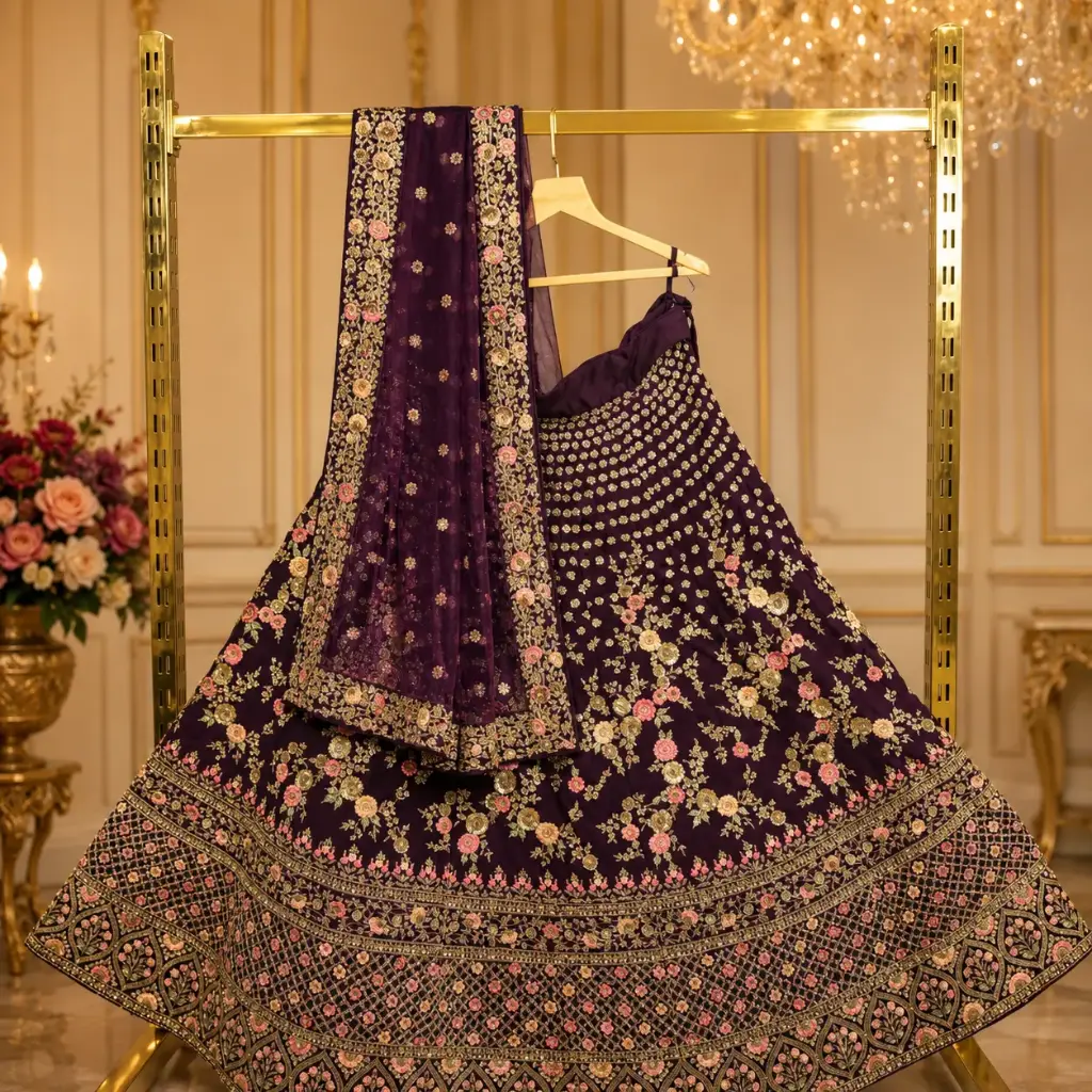 Women's Plum Purple Bridal Lehenga Choli Set with Floral Embroidery, Sequins and Net Dupatta Wedding
