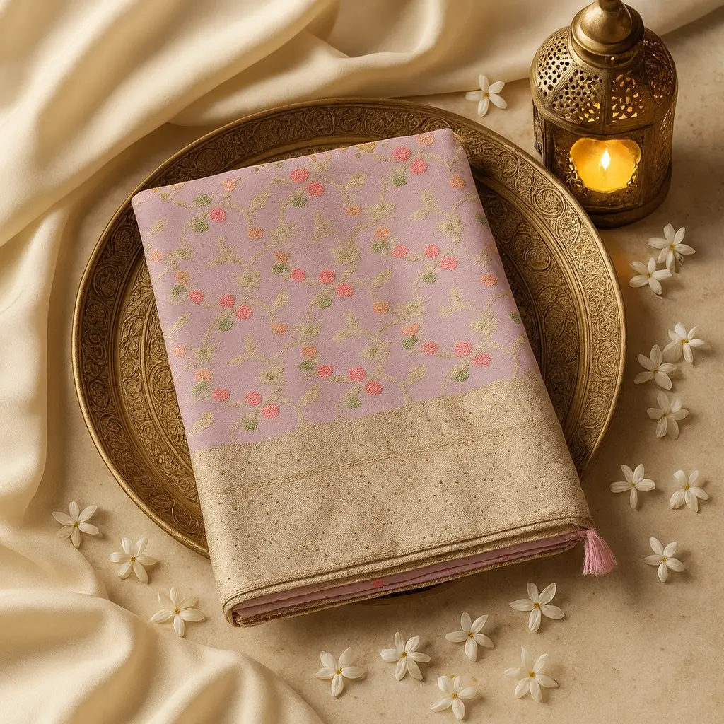 Elegant Peach Embroidered Designer Saree with Sequined Zari Border