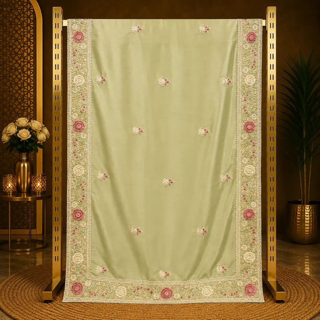 Women's Light Pista Green Saree with Floral Embroidery and Beaded Designer Border