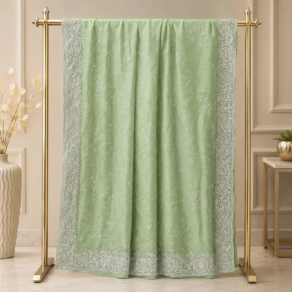 Elegant Sage Green Saree with Silver Embroidery and Paisley Border
