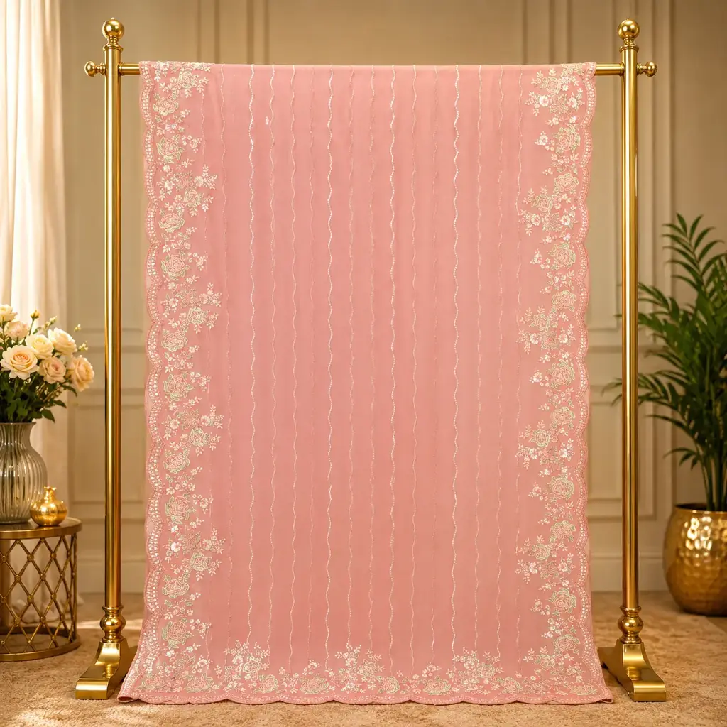 Women's Peach Embroidered Designer Saree with Floral Border